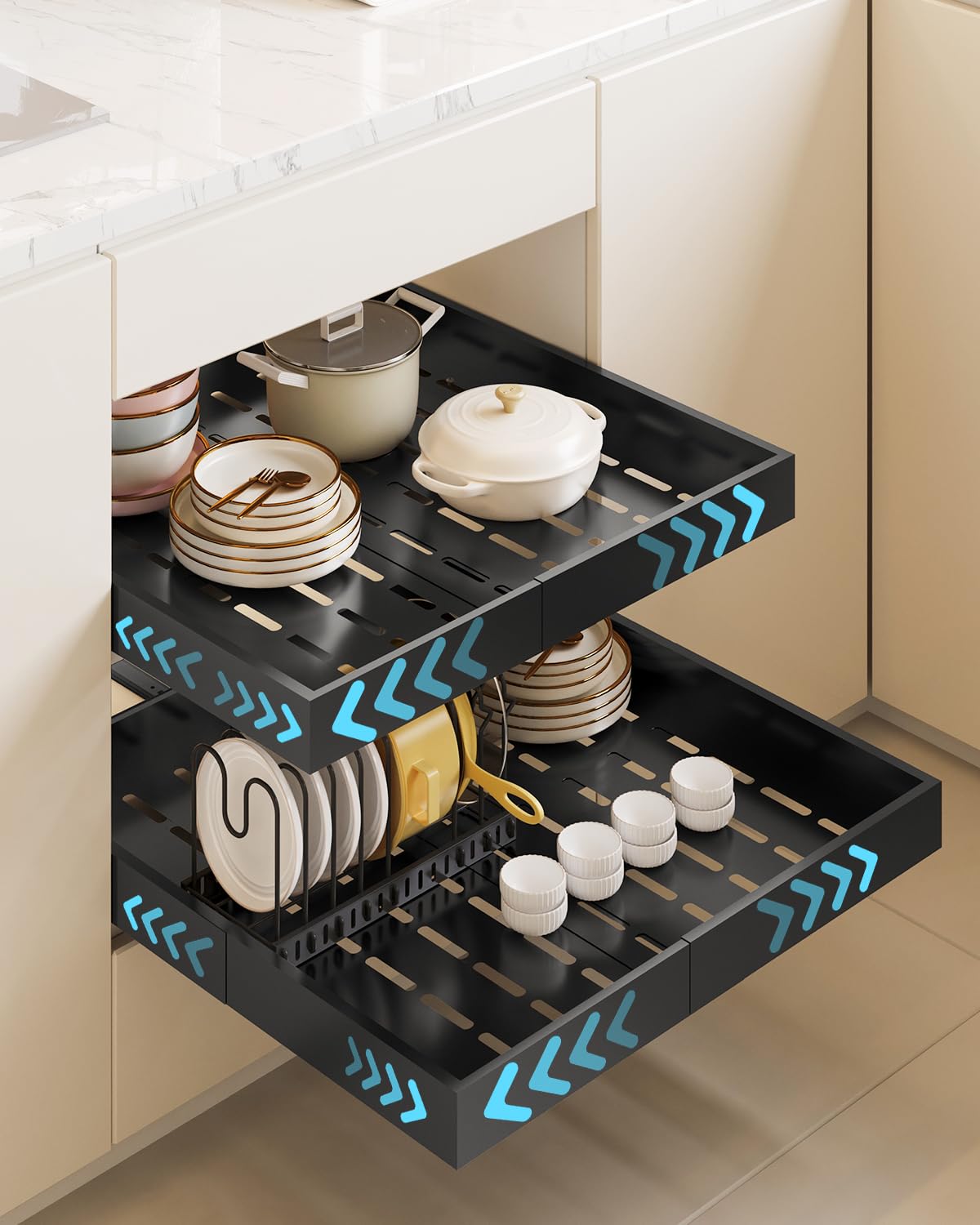 CHOSHOME Pull Out Cabinet Organizer, 4 Sides Expandable (Depth 13.4"-21", Width 12.4"-18") Slide Out Drawer for Kitchen Cabinets, Pantry, Black, Pack of 1