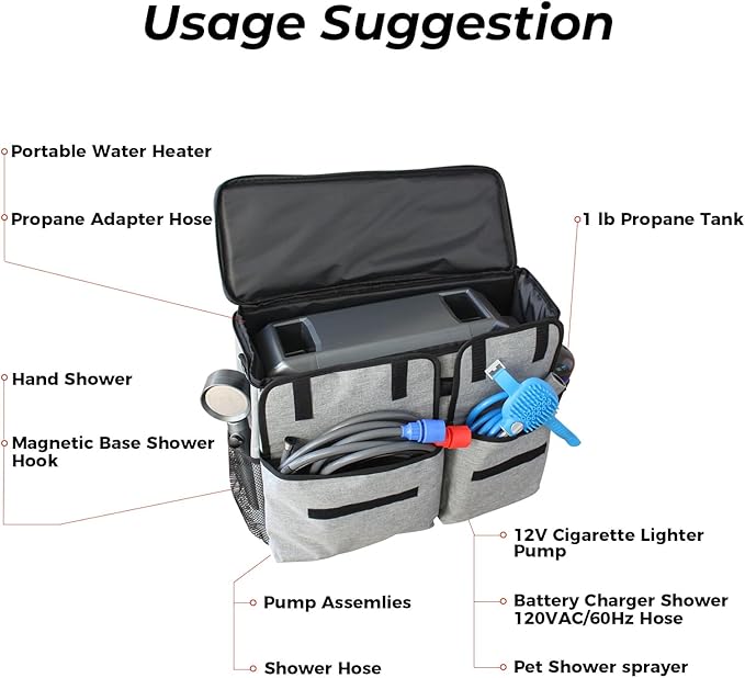 FOGATTI Camping Shower Tent with InstaShower GO Pro Portable Water Heater and Carrying Bag