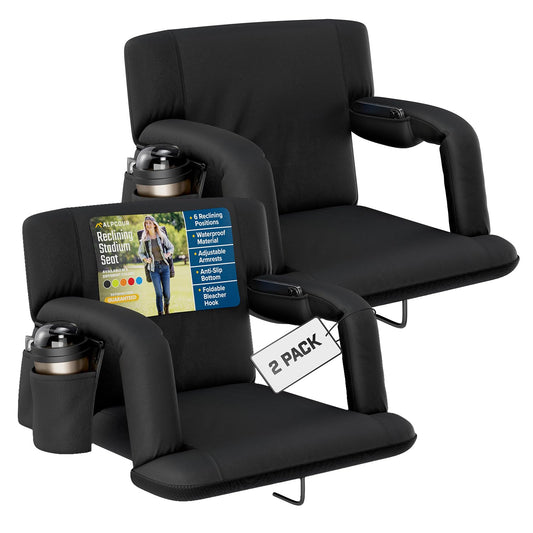 Alpcour Reclining Stadium Seat – Wide Bleacher Chair with Back Support and Cushion, Armrests, Side Pockets, and Bleachers Hook – Best Stadium Seats Chairs for Camping, Kayak, & Paddle Board Backs