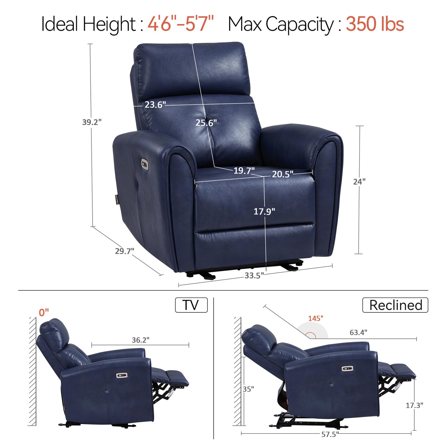 MCombo Power Small Recliners for Small Spaces, Modern Zero Wall Hugger Recliners Chair with Lumbar Support, USB and Charging Ports, FSC Certified, Faux Leather PR699 (Navy Blue)