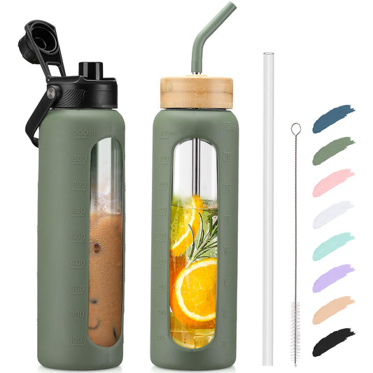 Kodrine Glass Water Bottles 32 oz Water Bottle with Straw, Sports Water Bottle with Handle, Clear Water Bottle with 2 lids Bamboo Lid and Spout Lid, Wide Mouth Water Bottle with Sleeve, Olive