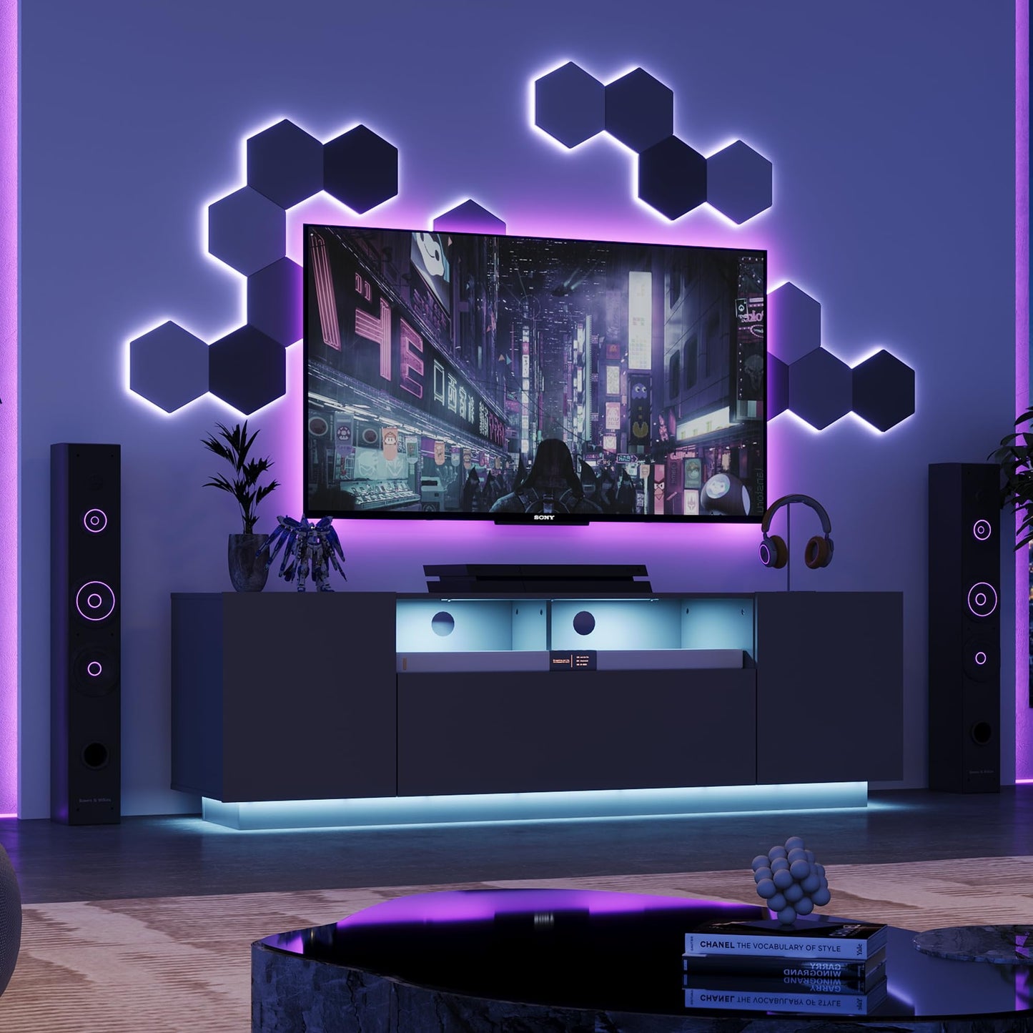 WLIVE TV Stand with LED Lights & Large Storage Cabinet, Modern Entertainment Center for 65 Inchs TV, Sturdy Media Console for Living Room, Bedroom,Gaming(Black)