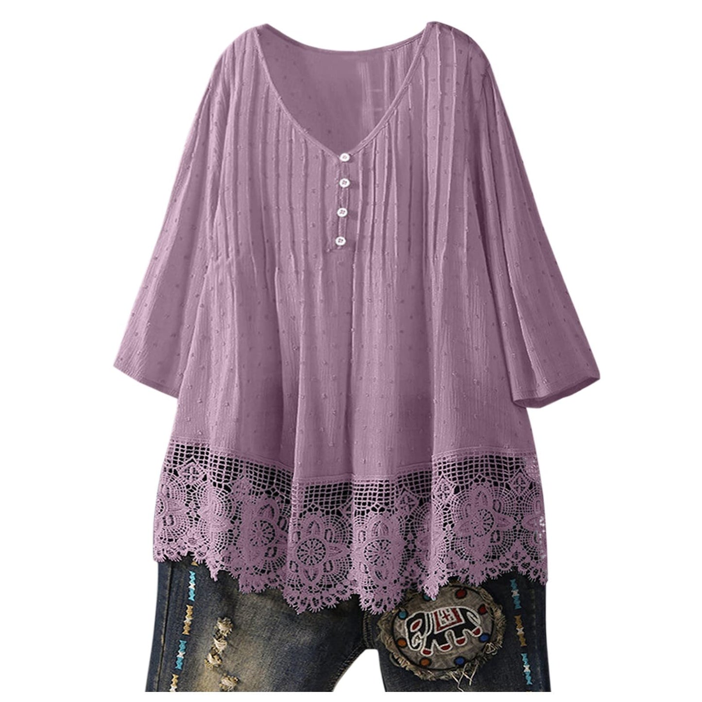 Aniywn Women Round Neck Lace Up Lace Patchwork Flare Pullover Top Casual Plus Size 3/4 Sleeve Floral Printed T-Shirt