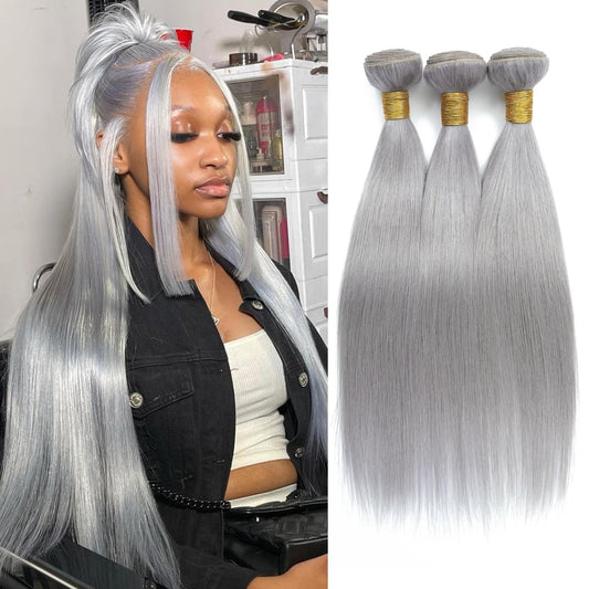 ANMETAN Grey Color Bundles Human Hair, Short Human Hair Bundles 10A 100% Unprocessed Virgin Remy Hair Lavender Colored Bundles Straight Silver Gray Human Hair Weave 3 Bundles 12 14 16 Inch for Women
