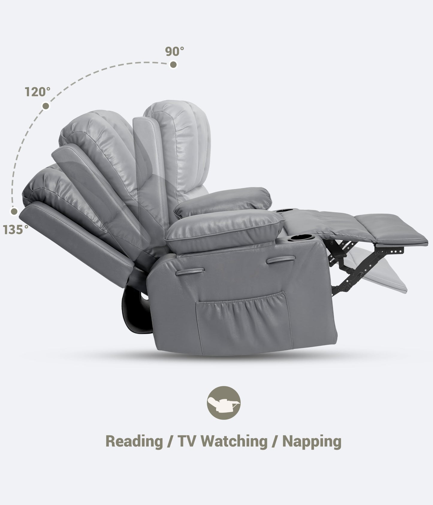 Garvee 22'' Recliner Chair for Adults, Manual Recliner with 1.5X Sponge Filling, PU Leather Single Sofa with Cup Holders and Side Pockets, for Nursery, Living Room, Bedroom, Light Grey