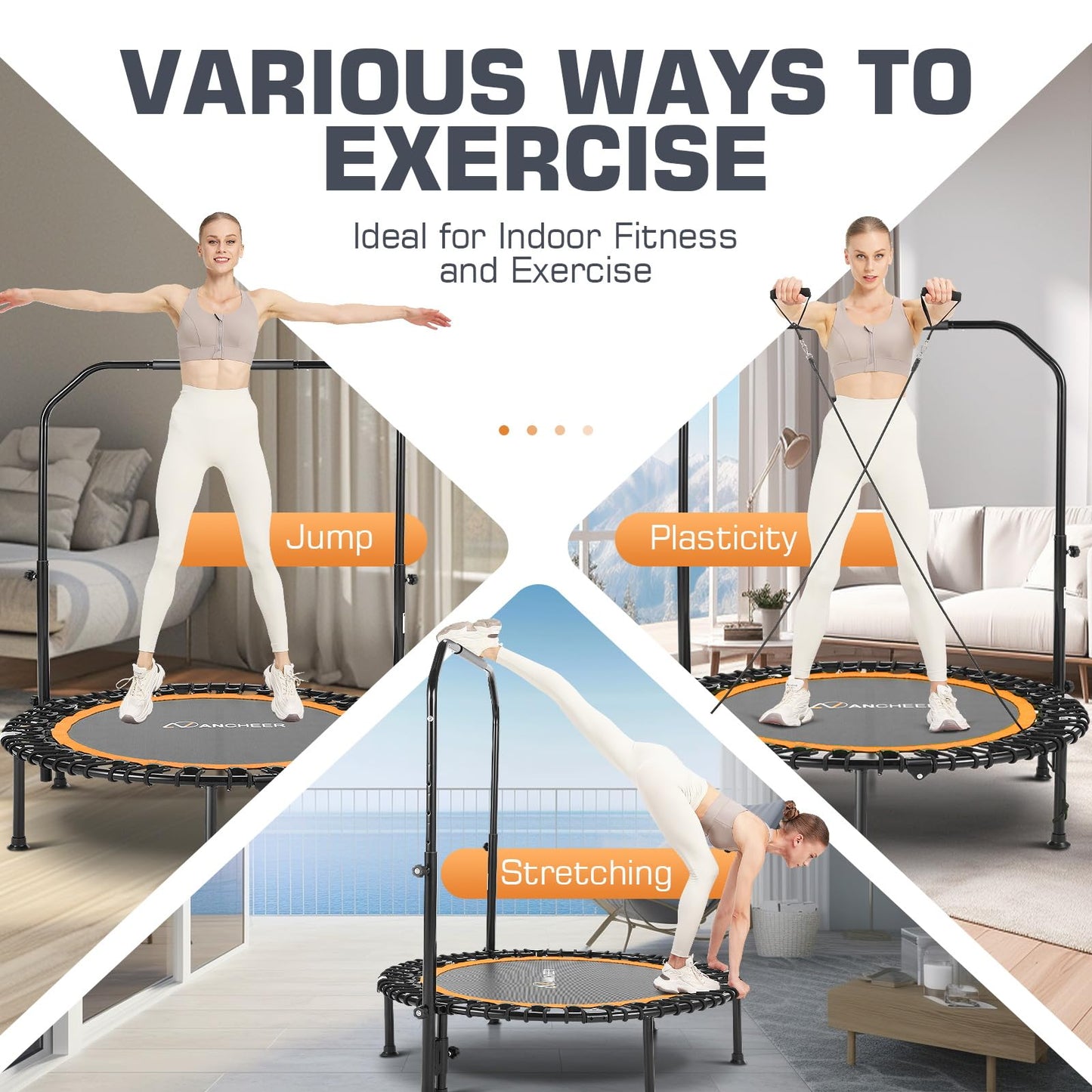 ANCHEER 40" Foldable Mini Trampoline - Max Load 350lbs - 450lbs Indoor Trampoline - with 4 Level Adjustable Foam Handle and Resistance Bands - Adult Exercise Trampoline for Home,Gym and Garden(O)