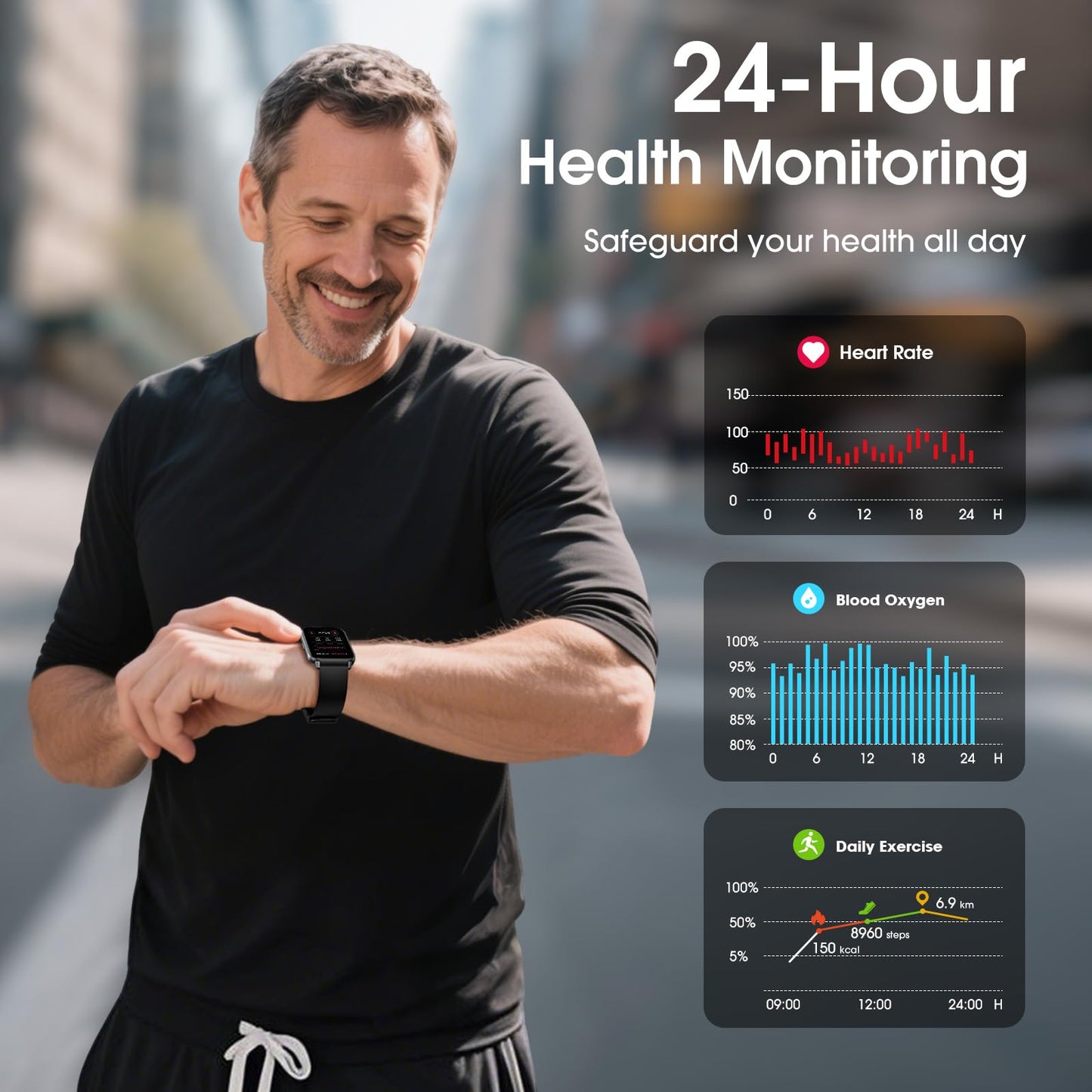 Kummel Smart Watch for Men Women, No App/Phone Required, Fitness Tracker with Pedometer, Bluetooth Call (Answer/Make Call), Heart Rate Blood Oxygen Monitor Step Counter, 100+ Sports Modes