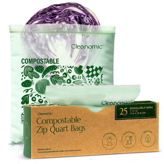 Cleanomic Compostable* Snack Size Food Storage Bags (50 Eco Zip) Freezer and Leak Proof, Also Available Gallon, Quart and Sandwich Size Bags