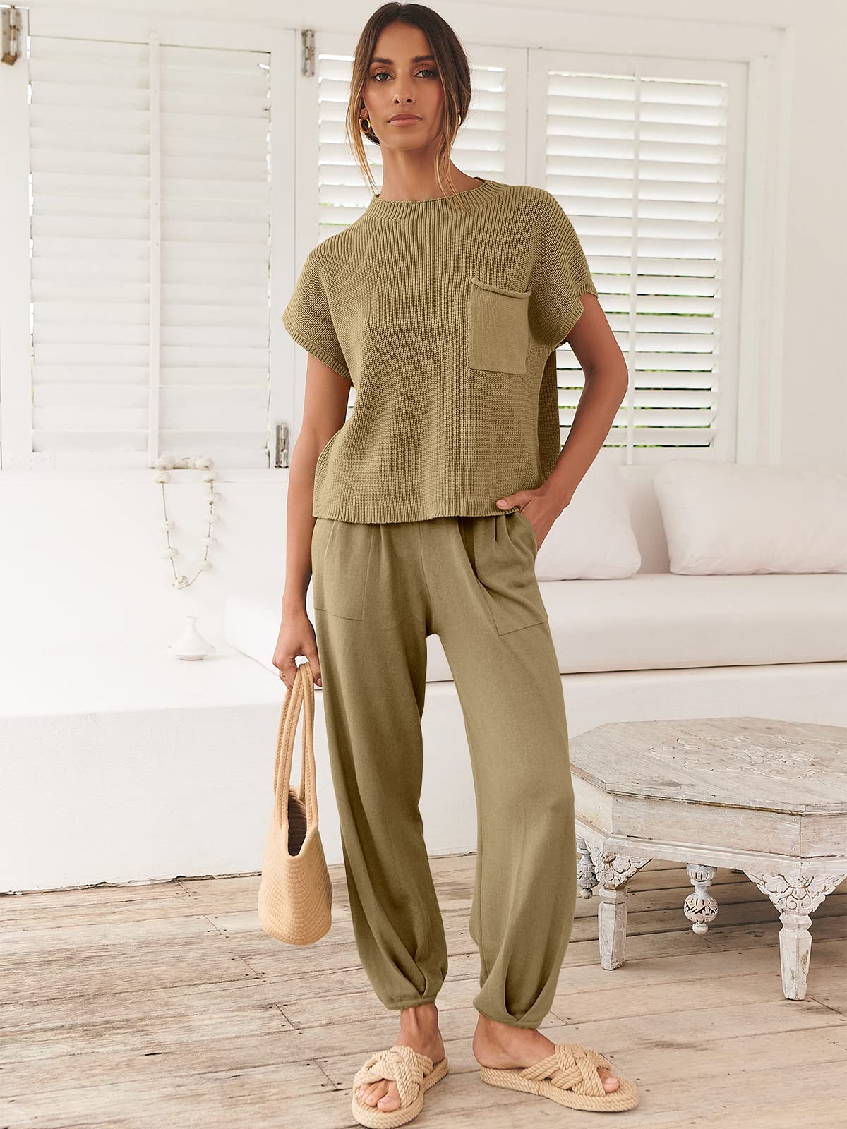 ANRABESS Women's Two Piece Outfits Knit Sweater Pullover Crop Top & Pants Lounge Matching Tracksuit Sweatsuit Sets 2024 Trendy Loungewear Clothes Brown Small