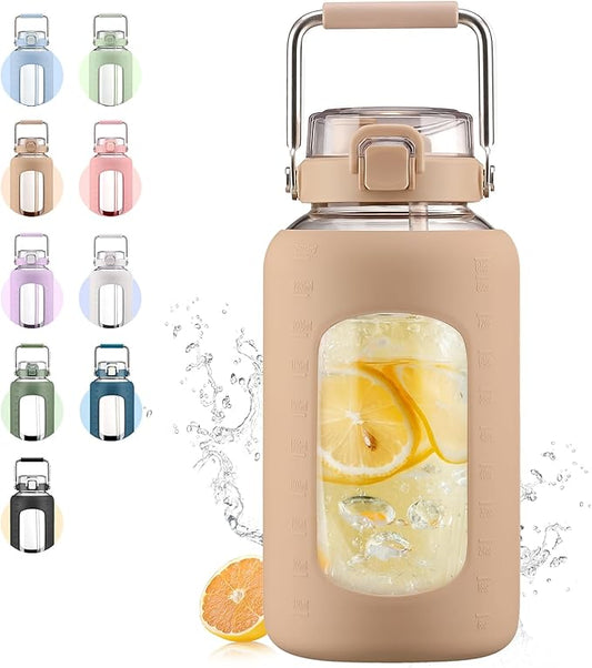 84oz Glass Water Bottle with Stainless Steel Handle,2.4L Gallon Water Bottle With 2-IN-1 Straw Lid, Silicone Sleeve and Motivational Capacity Marker, Wide Mouth Water Jug For Gym, Workout, Amber