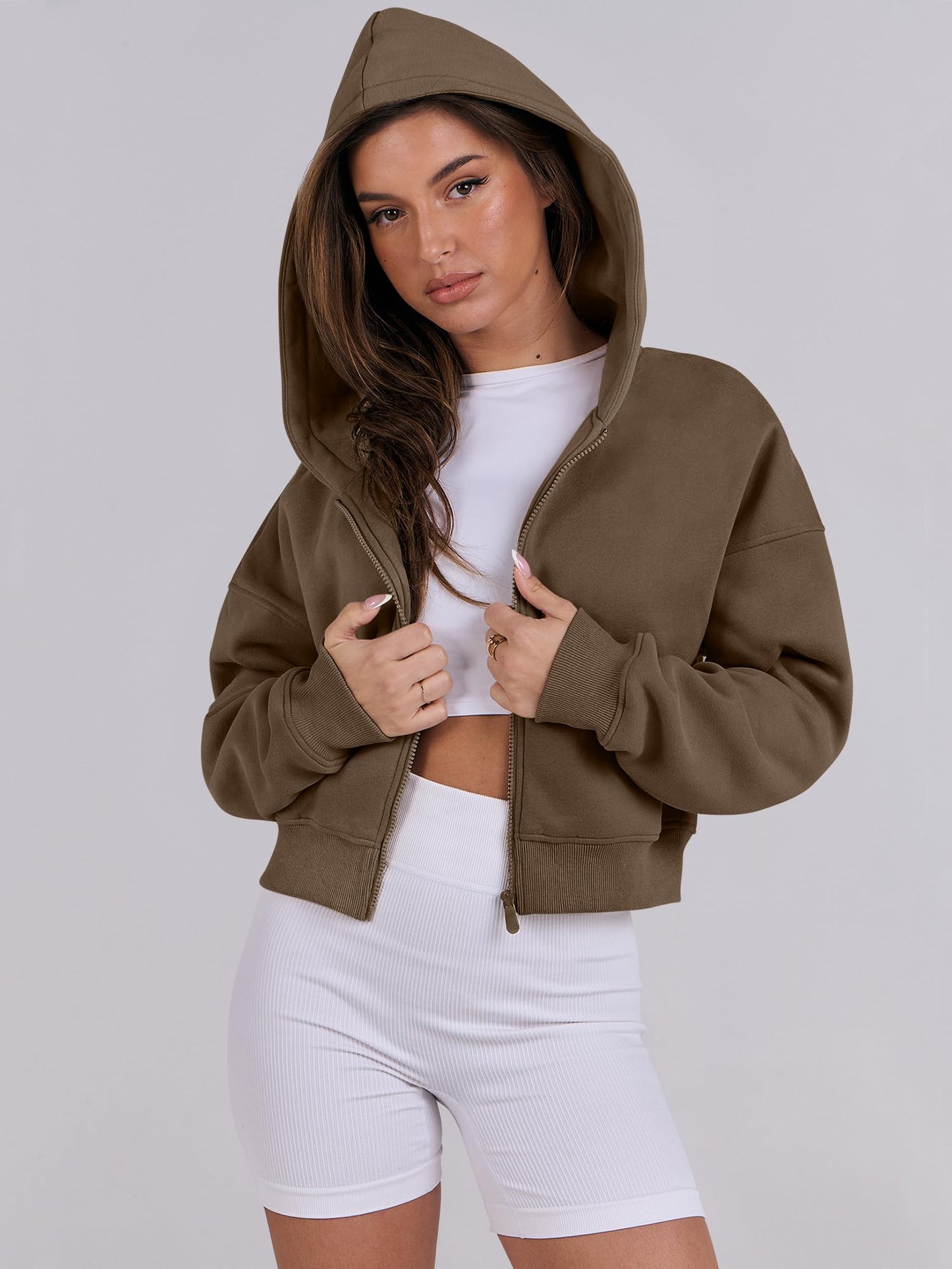 ANRABESS Womens Zip Up Crop Hoodie Sweatshirts 2024 Fall Trendy Long Sleeve Cropped Jacket Top Winter Teen Girls Clothes Dark Brown Medium