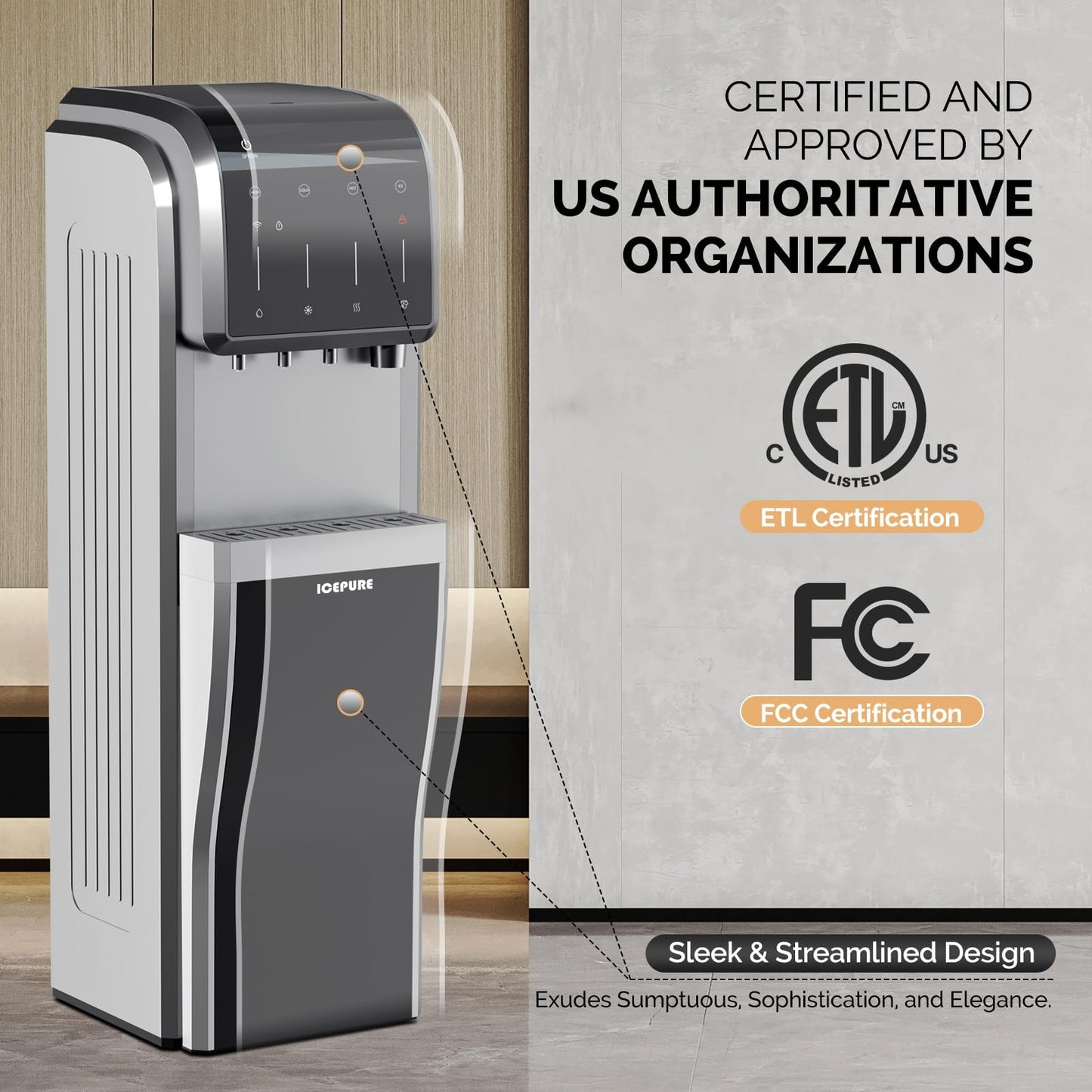 ICEPURE 5 in 1 Water Dispenser with Ice Maker for 5 Gallon Bottle, Built-in Bullet & Crushed/Chewable Ice Machine Hot Cold Water Cooler, Bottom Loading, 35lbs/24H, Child Safety Lock, Stainless Steel