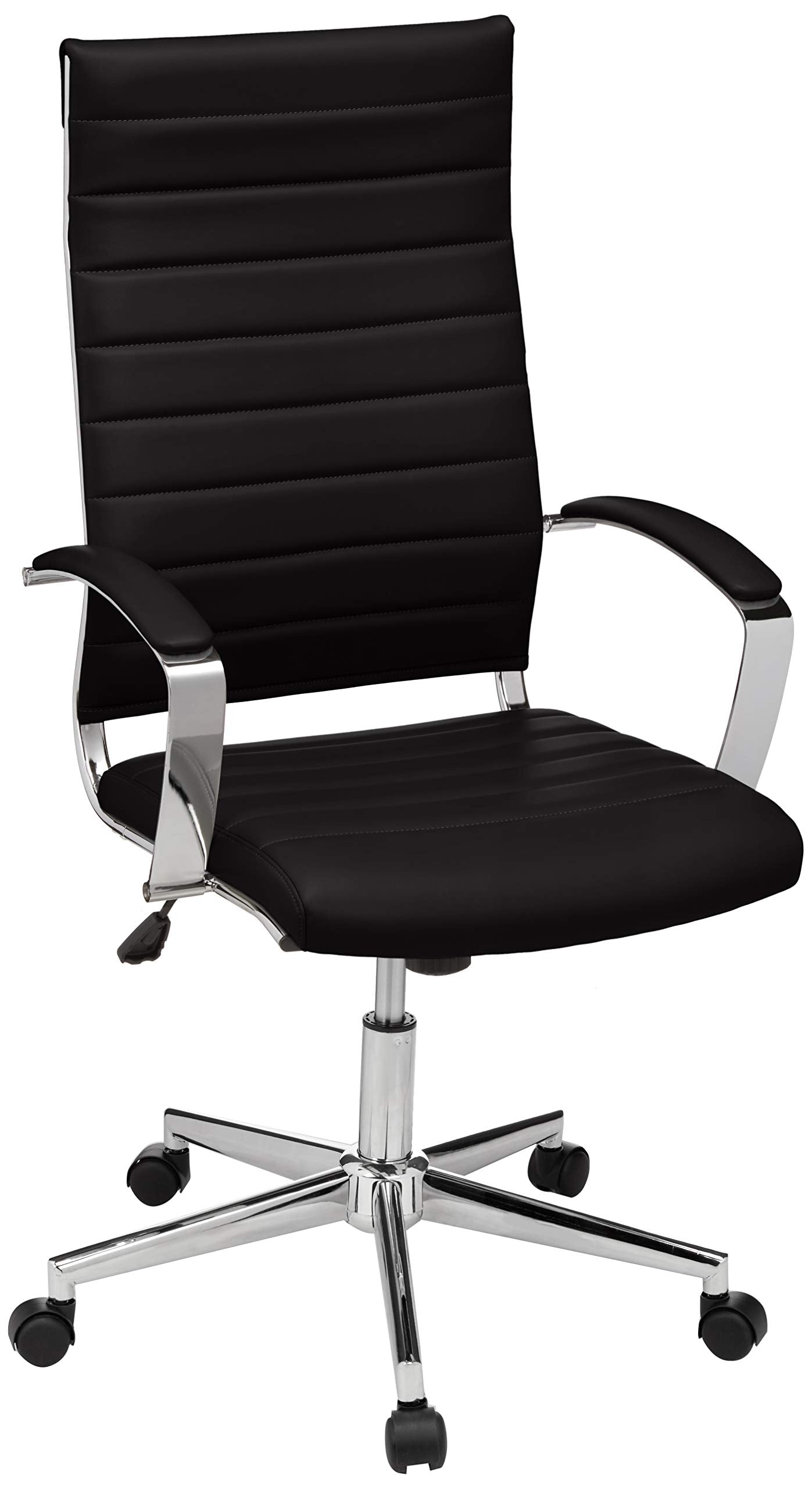 Amazon Basics High-Back Swivel Desk Chair, Ergonomic Ribbed Faux Leather Upholstery, Lumbar Support, Home Modern Style, Black, 45.25" x 24.75" x 23.25"