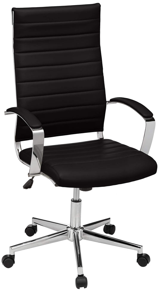 Amazon Basics High-Back Swivel Desk Chair, Ergonomic Ribbed Faux Leather Upholstery, Lumbar Support, Home Modern Style, Black, 45.25" x 24.75" x 23.25"