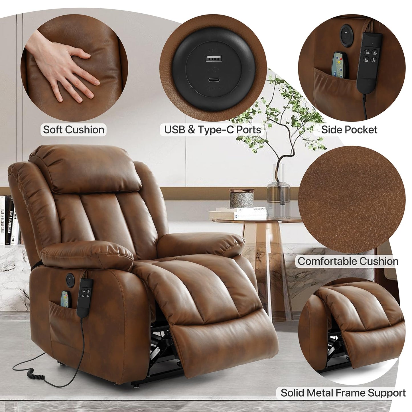 KIMOHOME Dual Motor Large Power Lift Recliner Chair Recliners for Elderly, Infinite Position Recliner Chair with Heat and Massage, Breathable Leather(Ochre)