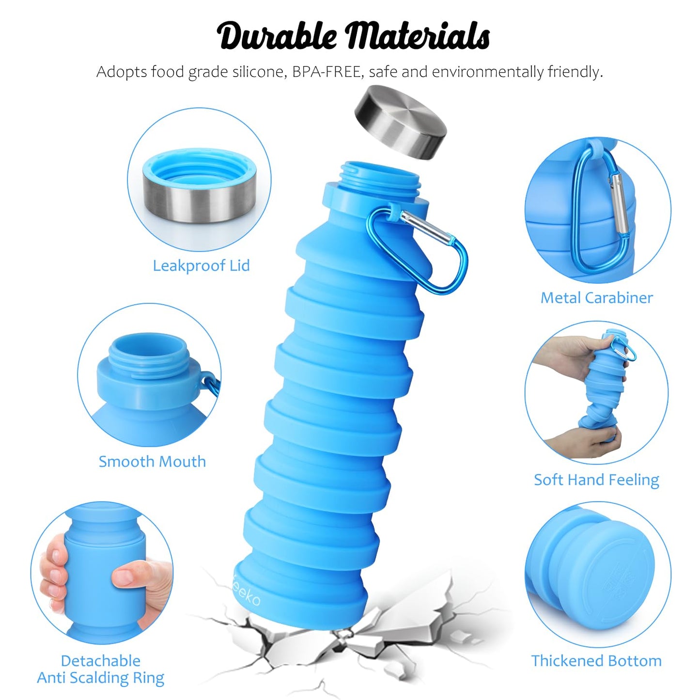 Nefeeko Collapsible Water Bottle, Reuseable BPA Free Silicone Foldable Water Bottles for Travel Gym Camping Hiking, Portable Leak Proof Sports Water Bottle with Carabiner