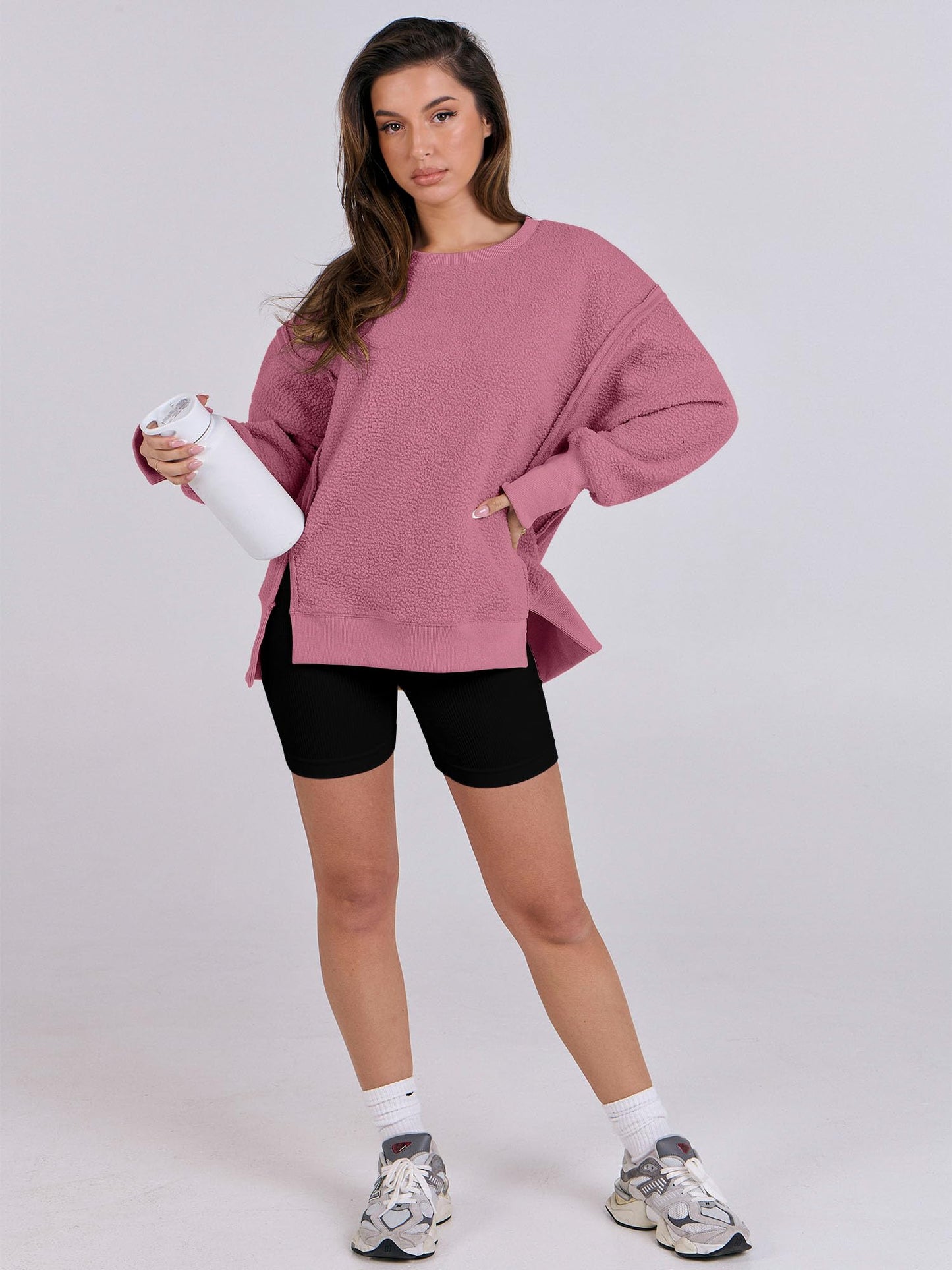 ANRABESS Womens Oversized Sherpa Sweaters Pullover Fuzzy Fleece Sweatshirts Crewneck 2024 Winter Long Sleeve Warm Outfits Pink Small