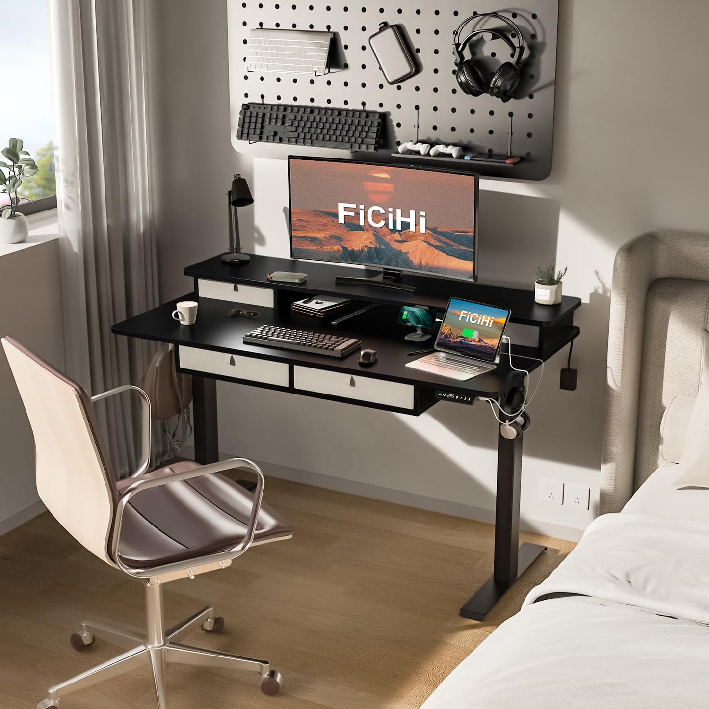 FiCiHi Adjustable Height Standing Desk with 4 Drawers,55 x 30 inches Electric Sit Stand Desk for Home Office,3 Memory Presets,Monitor Stand Riser,USB A/C Charging Port