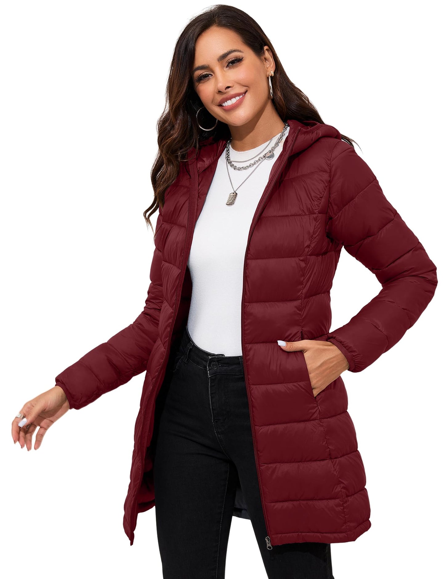 ANOTHER CHOICE Women Packable Puffer Jacket Lightweight Hooded Puffy Jacket (Wine Red, S)