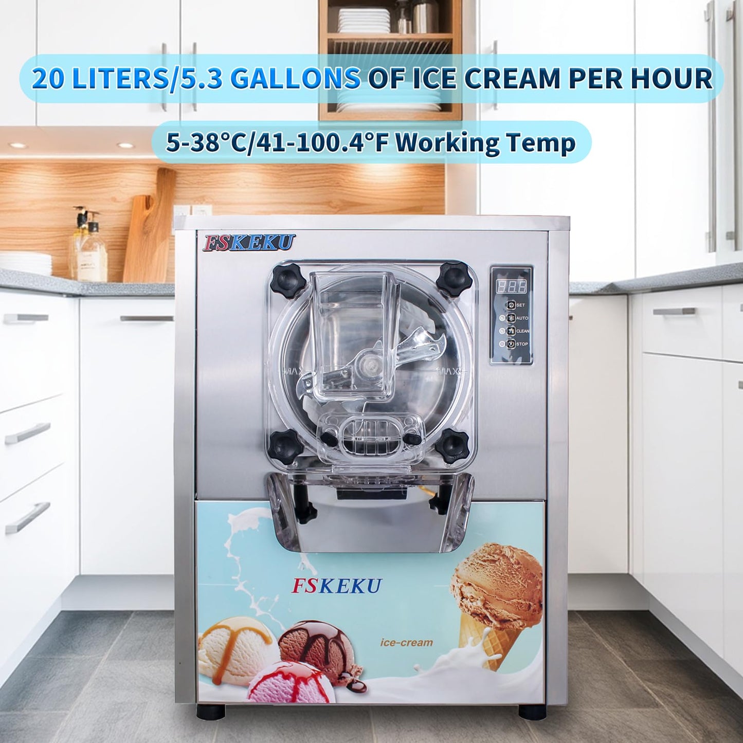 Ice Cream Maker Commercial Machine 16-24L/H, 5.3 Gph Capacity Suitable for Restaurant/Bar/Home, 1400W Hard Ice Cream Machine with LED Display, (110V 60Hz)