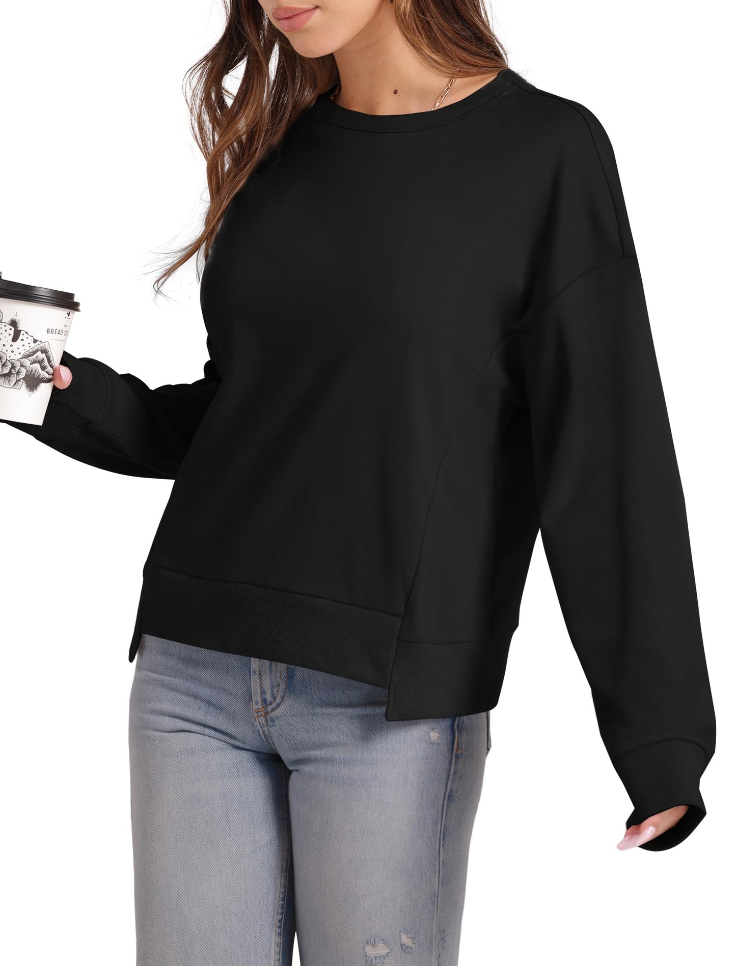 Aokosor Womens Sweatshirts Crewneck Long Sleeve Tops Fall Outfits Womens Fashion 2024 Black L