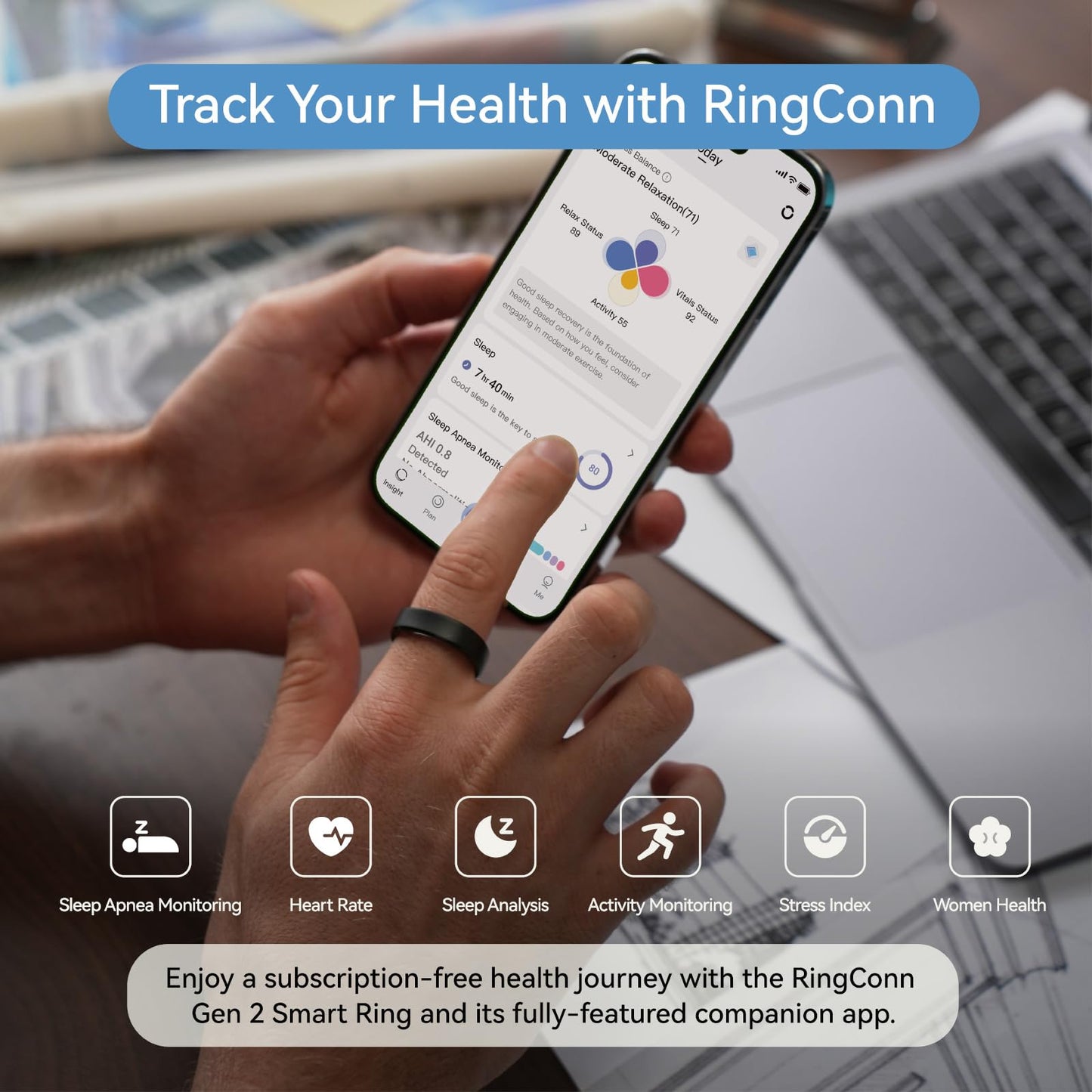 RingConn Gen 2, World’s First Smart Ring with Sleep Apnea Monitoring, No APP Subscription, 12-Day Battery Life, Stress/Heart Rate/Women's Health Tracker, Android & iOS Compatible (Black, Size 10)