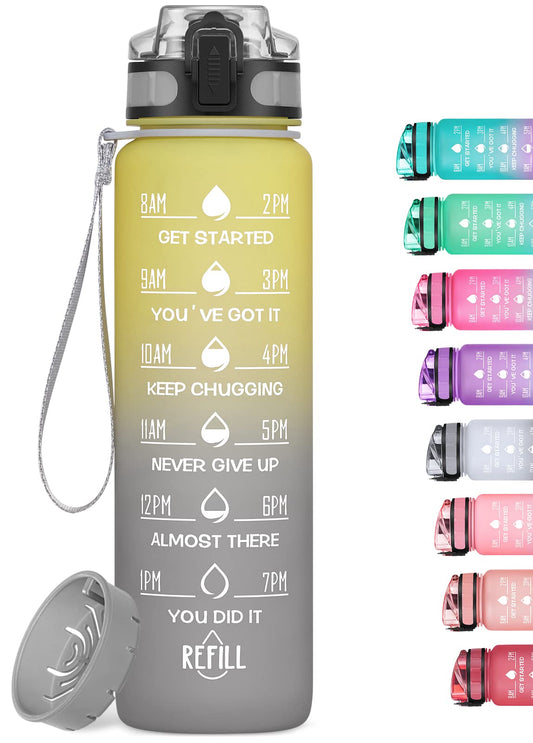 MEITAGIE 1000ml Motivational Water Bottle with Time Marker, Leak-proof BPA Free Tritan Drink Bottle with Fruit Strainer, Perfect for Fitness, Gym and Outdoor Sports