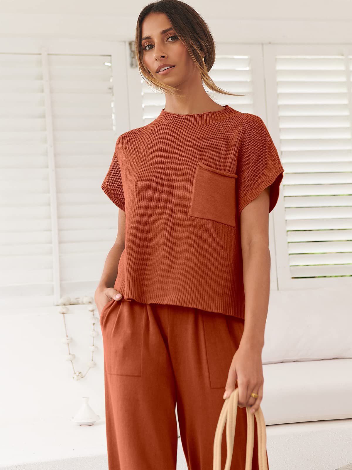 ANRABESS Women's Two Piece Outfits Knit Sweater Pullover Crop Top & Pants Lounge Matching Tracksuit Sweatsuit Sets 2024 Trendy Loungewear Clothes Rust Small