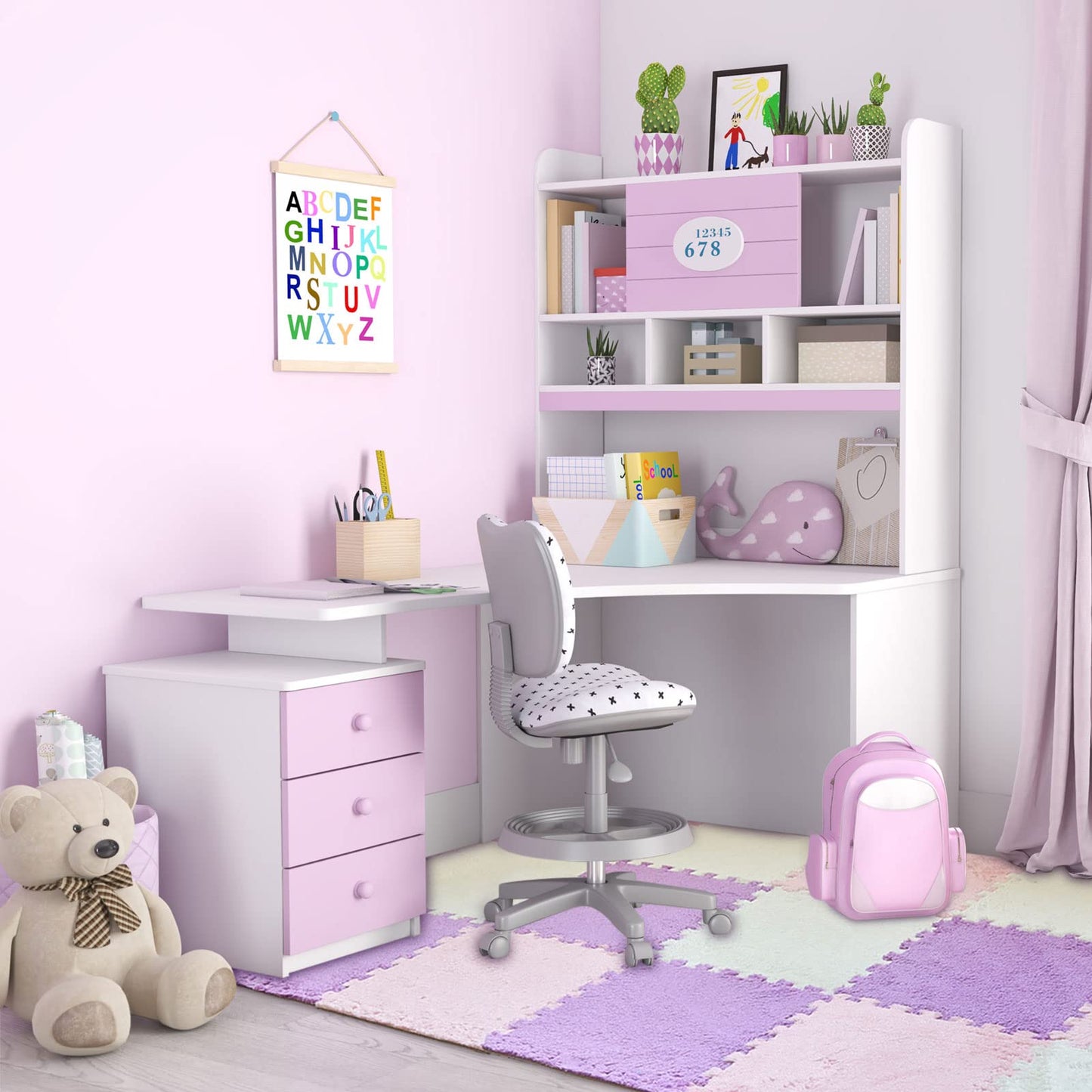 Amylove 72pcs Foam Floor Mat 12x12x0.4in Interlocking EVA Foam Mats with Border Soft Plush Fluffy Floor Tiles Interlocking Rug Climbing Area Carpet Squares for Home Playroom(White, Pink, Purple)