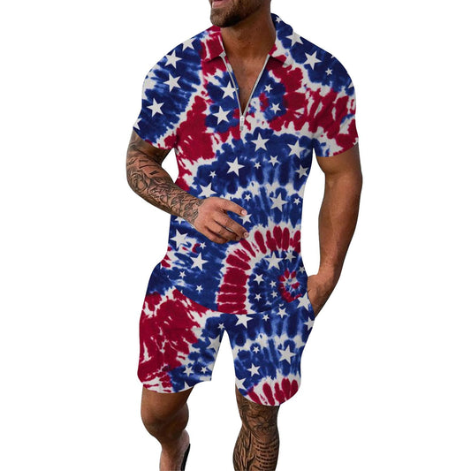 Generic Mens 2 Piece Outfits American Flag Polo Shirt Short Sleeve and Short Sets Fashion Summer Casual Tracksuit, X-Large, #E07-dark Blue