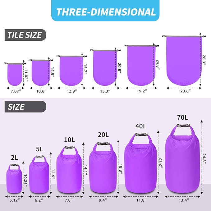 Dry Bag Set, Waterproof Small Lightweight Dry Bags for Paddle Board Kayaking, Fishing, Camping (Purple, 20L 2Pack)