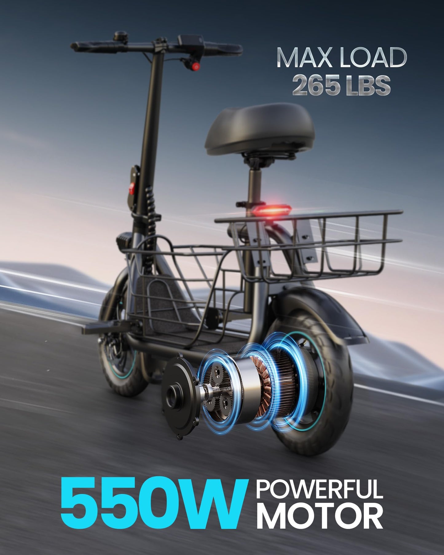 Gyroor Adults Electric Scooter with Large Middle Basket, 550W Motor 18.6 MPH 20 Mile Distance, Foldable E-Scooter with seat for Pets & Cargo, C1S-FP9