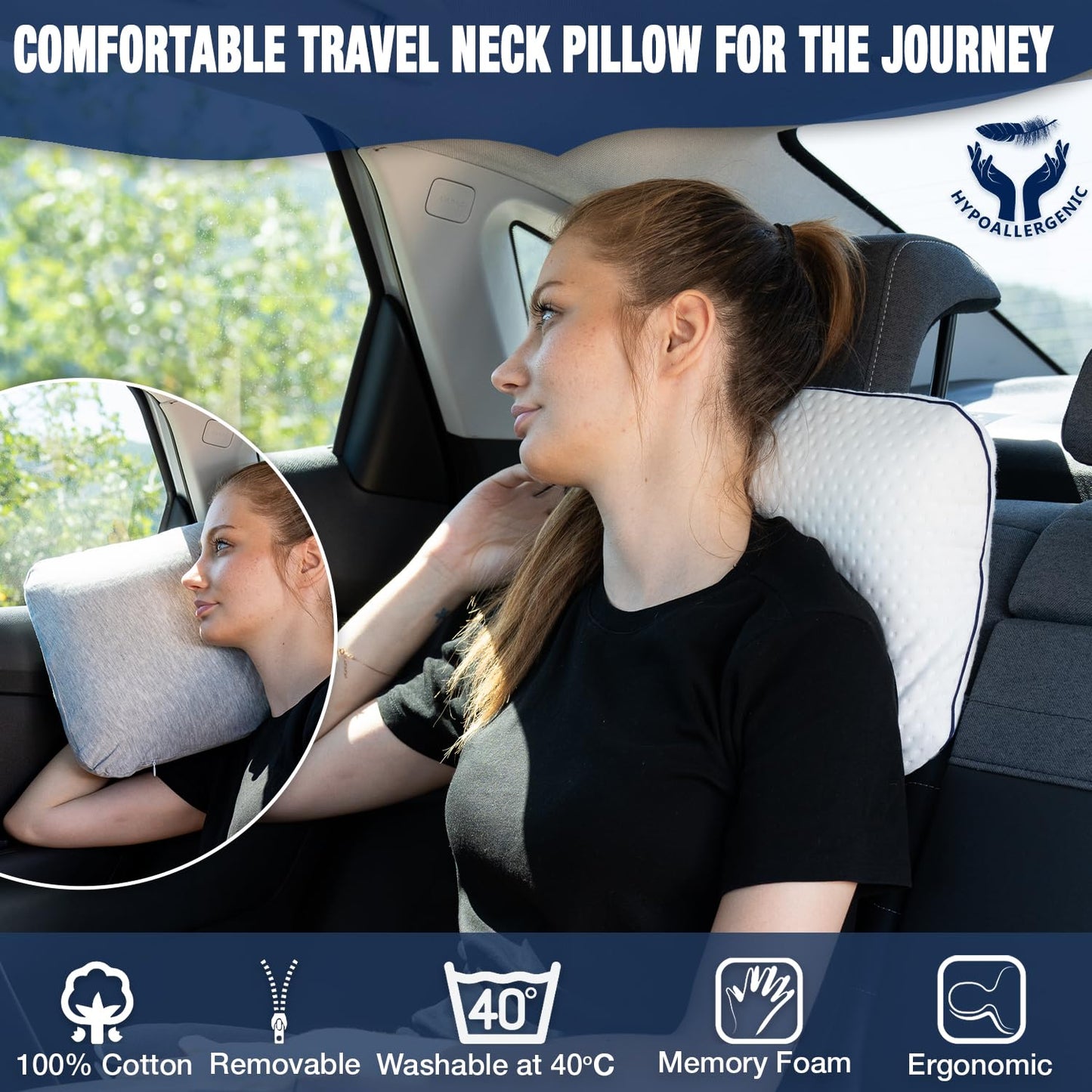 alkamto Memory Foam Pillow for Travel and Camping with Extra Cotton Cover – Easy to Carry Portable Bag (White)