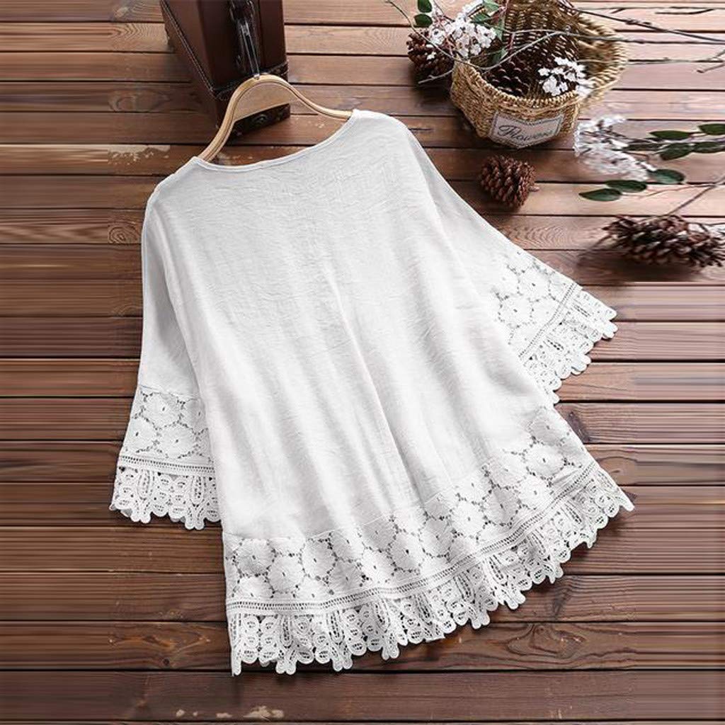 Aniywn Women Round Neck Lace Up Lace Patchwork Flare Pullover Top Casual Plus Size 3/4 Sleeve Floral Printed T-Shirt White