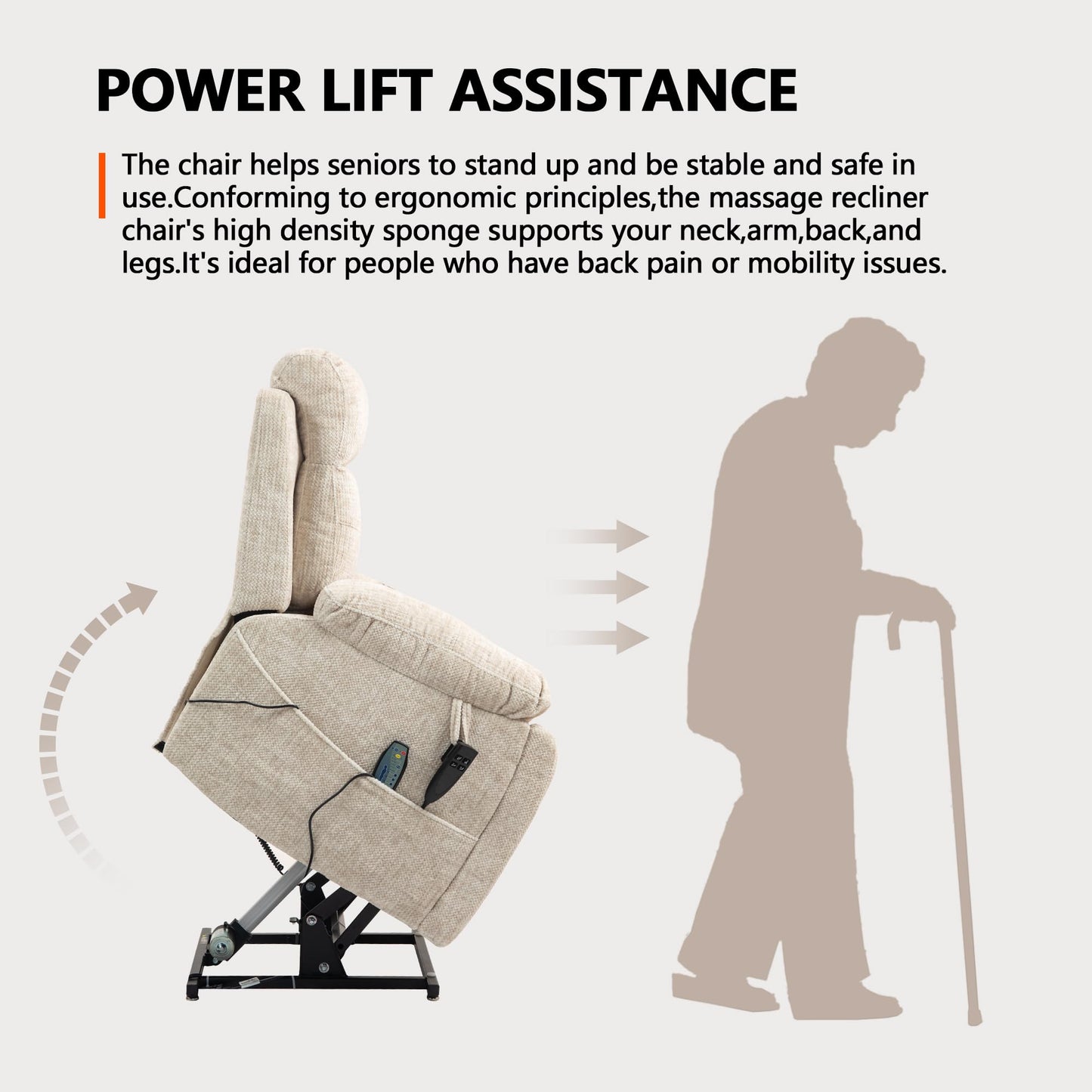 FUNECORP Power Lift Chair Lay Flat Recliner Infinite Position Electric Dual Motor Stand Up Lift Chair with Massage and Heat for Adults,Heavy Duty Recliners with 2 Remote Controls and Two Cup Holders