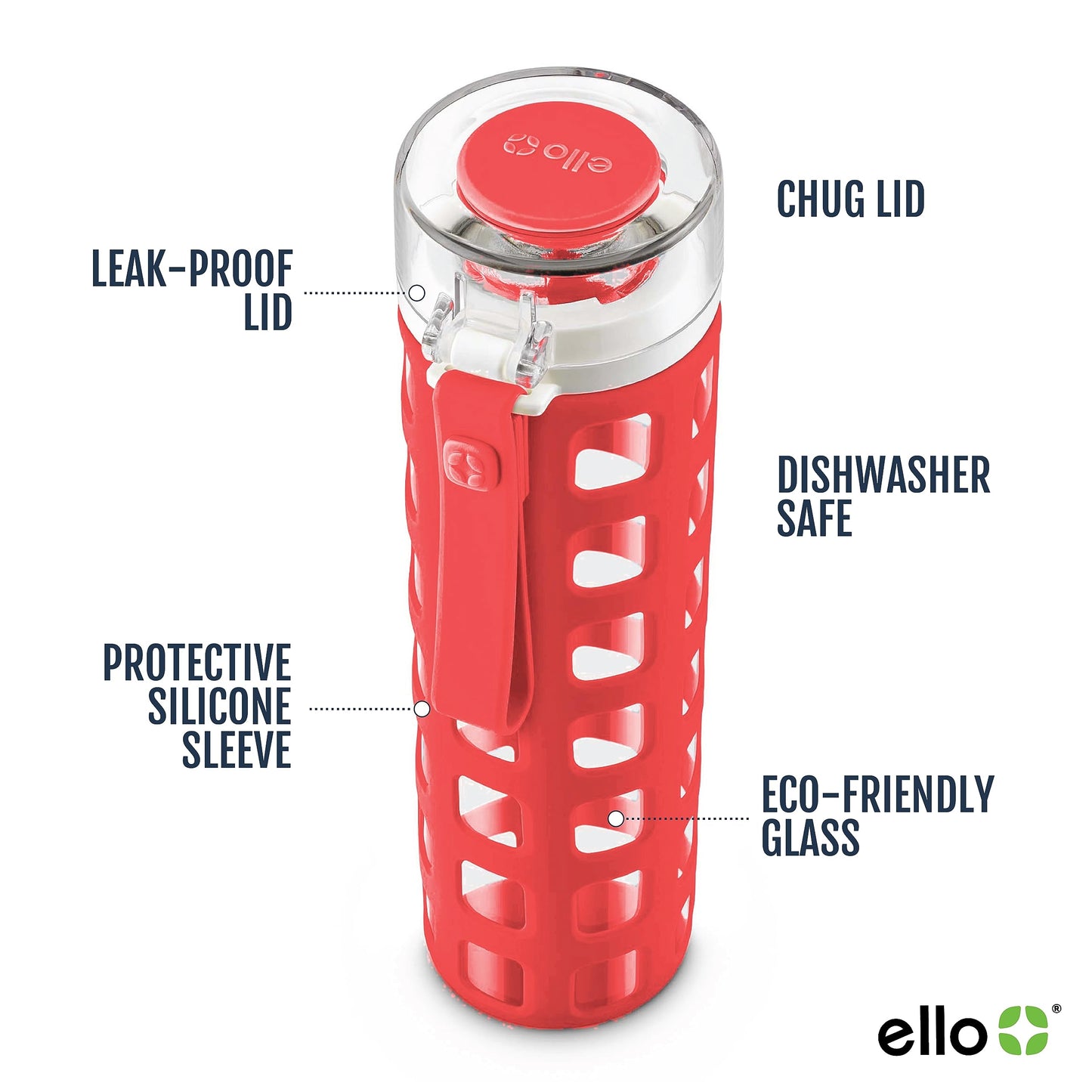 Ello Syndicate Glass Water Bottle with One-Touch Flip Lid and Protective Silicone Sleeve and Carry Loop, BPA Free, Dishwasher Safe, Coral, 20oz