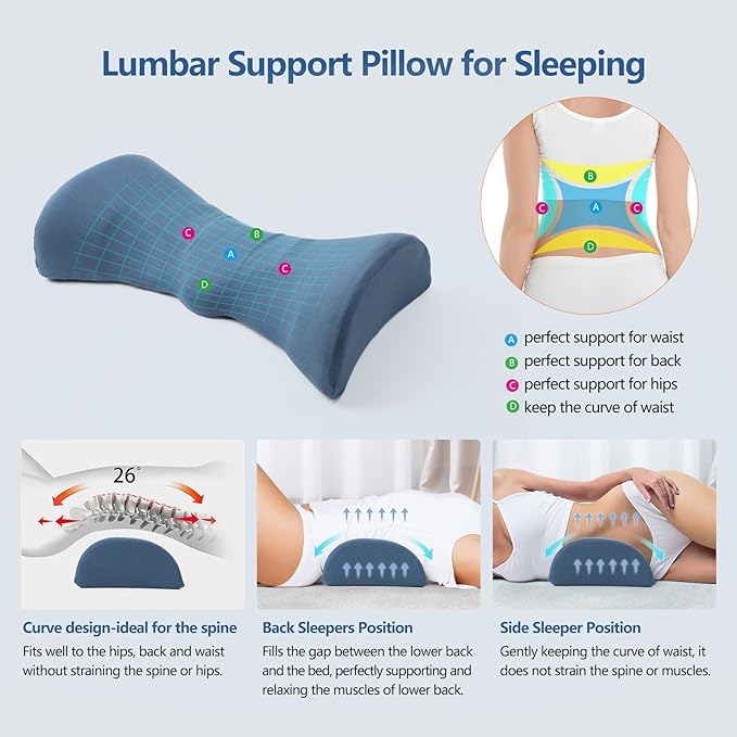 Cozyhealth Lumbar Support Pillow for Sleeping Memory Foam Back Lumbar Support Cushion for Lower Back Pain Relief, Back Support Bed Pillow Waist Support Back Sleepers (Dark Blue)