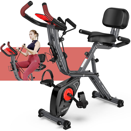 pooboo Folding Exercise Bike, Foldable Fitness Stationary Bike Machine, Upright Recumbent Indoor Cycling Bike, Multifunctional Magnetic X-Bike with 8-Level Adjustable Resistance, Arm Resistance Bands, Pulse Sensor & Widened Backrest for Home Gym Workout
