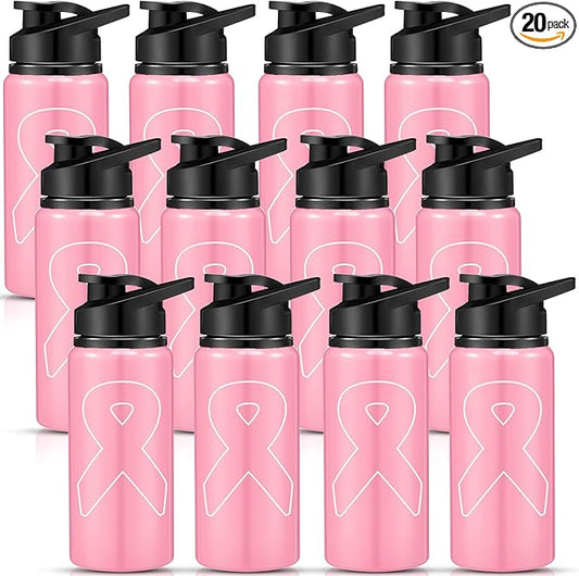 12 Pieces Breast Cancer Awareness Gifts Aluminum Water Bottles Pink Ribbon Breast Cancer Gift for Women Leak Proof Lightweight Portable Bottles for Marathon Running (Stylish Style,20 oz)