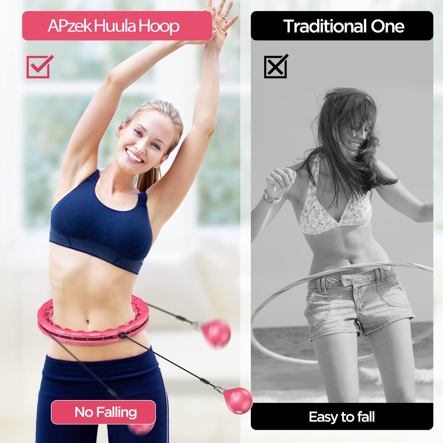 APzek 32 Knots Smart Weighted Exercise Hoop Plus Size, Adjustable Huula Hoop with Extra Links for Adults and Beginners, 2 in 1 Fitness Massage Non Fall Hooola Hoop with Spinning Ball - Pink