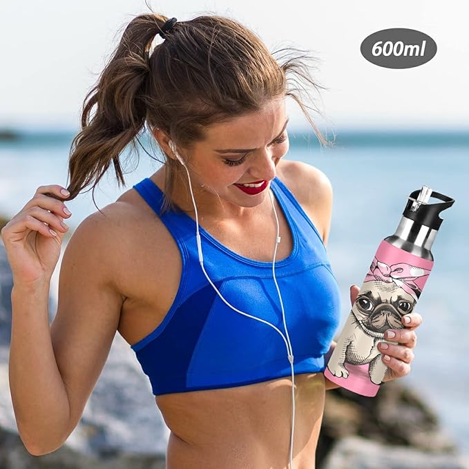 Blueangle 32 OZ Pink Headband Pug Water Bottle with Straw, Sports Water Bottle BPA Free Stainless Steel Water Jugs for Gym, Kitchen, Working, Outdoor（201）