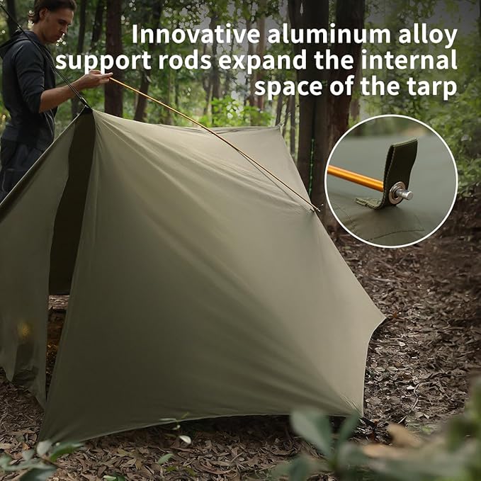Camping Tent Tarp Waterproof, Ultralight Hammock Rain Fly, Portable Rain Tarp Canopy with Doors, Multifunctional Bushcraft Tarp for Outdoor Backpacking Hiking, UV Protection