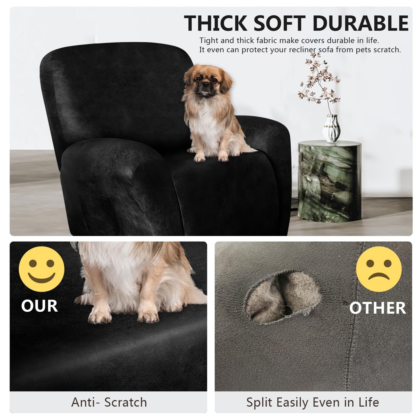 ANARACHON Leather Like Recliner Chair Covers Heavy Duty, 4 Pieces Lazy Boy Recliner Cover for Recliner Chair, Leather Cover for Recliner slipcovers Washable for Pets (Black)
