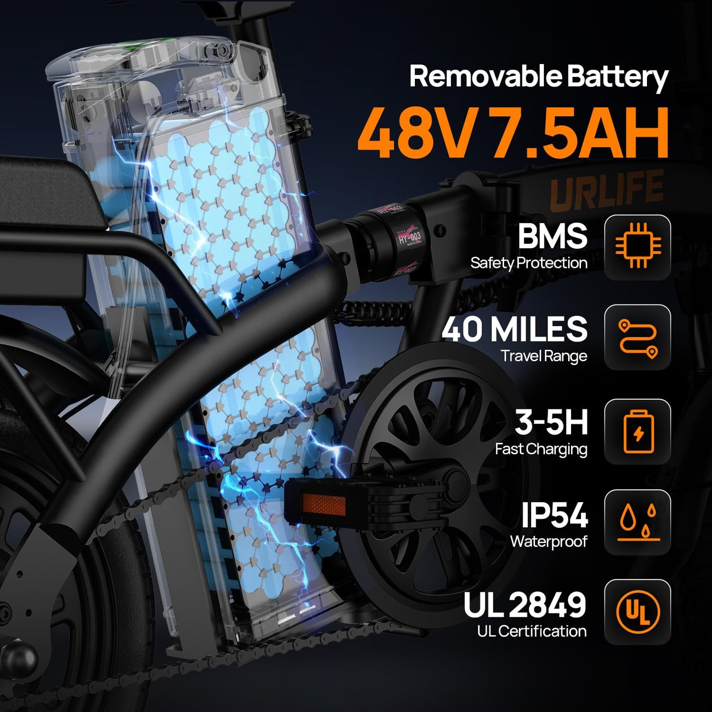 URLIFE Electric Bike for Adults, 14" Folding Electric Bike, 500W Peak Motor, 48V 375Wh Removable Battery, 20MPH, 40 Miles Long Range, E Bikes for Adults and Teens, UL 2849 Certification (Dark Black)