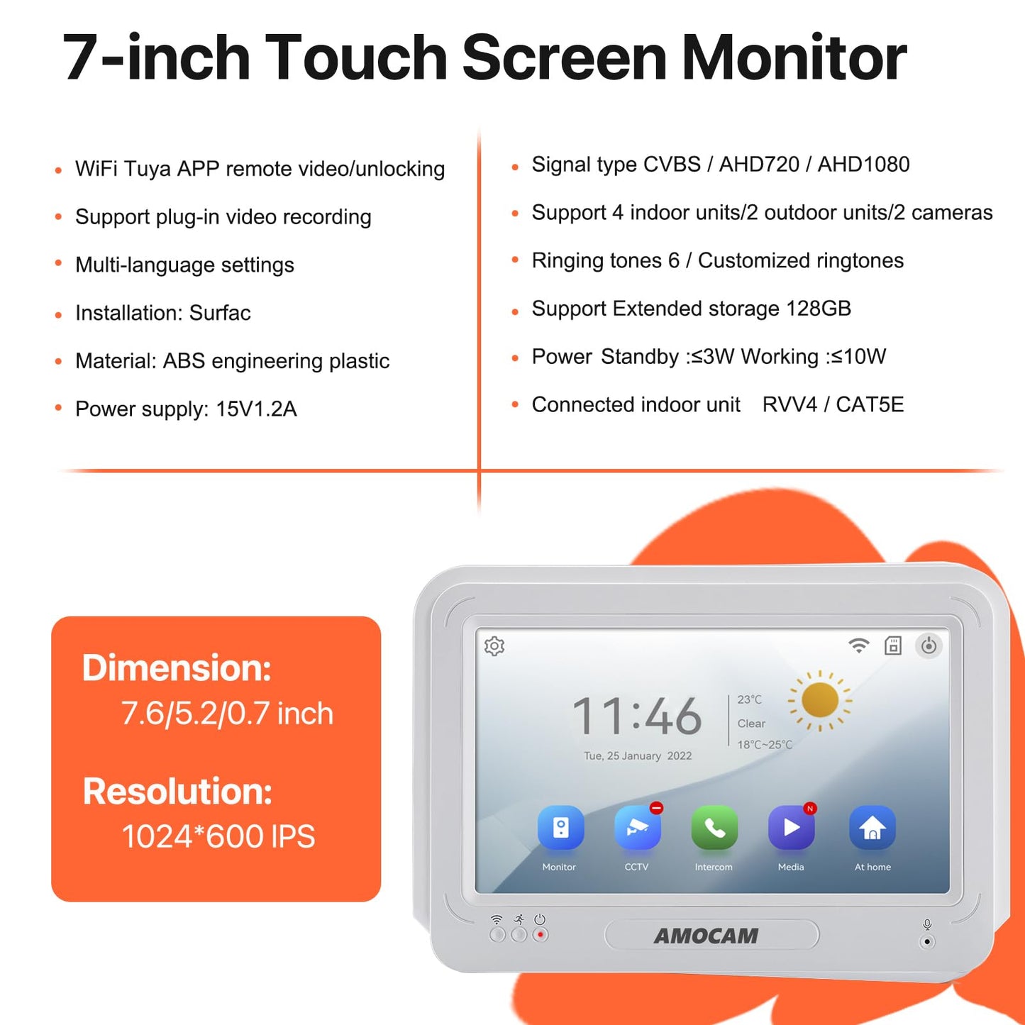 AMOCAM Wireless WiFi Video Doorbell Intercom System, 1080P Video Door Camera with Monitor, 7 Inch Touch Screen Video Door Phone, No Monthly Fees, Tuya APP Remote Intercom (Wired Power)