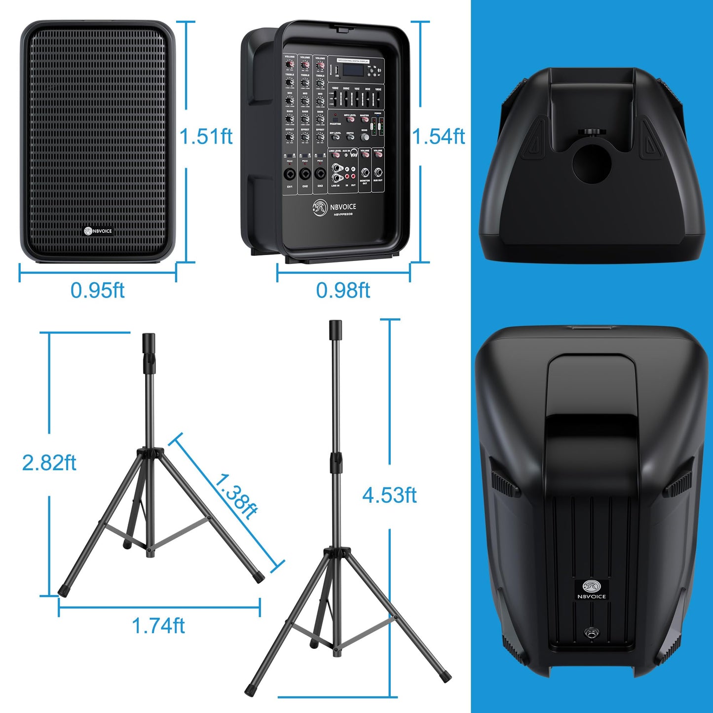 NBVOICE Professional Portable All-in-One 2-Way PA System Suitcase-Style Design with 8-Channel Mixer and 2X Speaker Stands,Bluetooth, Microphone, Remote Control for Performances, Presentations