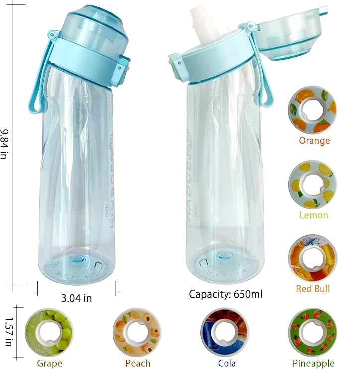 650ML Tritan Plastic Water Bottle, Leak Proof Sports Bottle with Straw, Includes 7 Flavor Pods, for Outdoor Sports, Hiking, Camping, Backpacking (Blue)