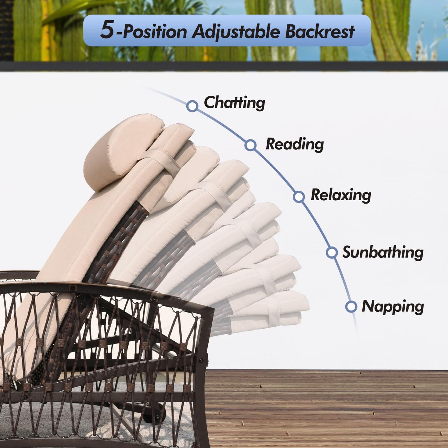 ZZWHOM Outdoor Chaise Lounge Set of 2 Outdoor Wicker Rattan Patio Chairs Recliners with 5-Position Backrest & Thickened Cushions & Wheels for Backyard Pool Beach