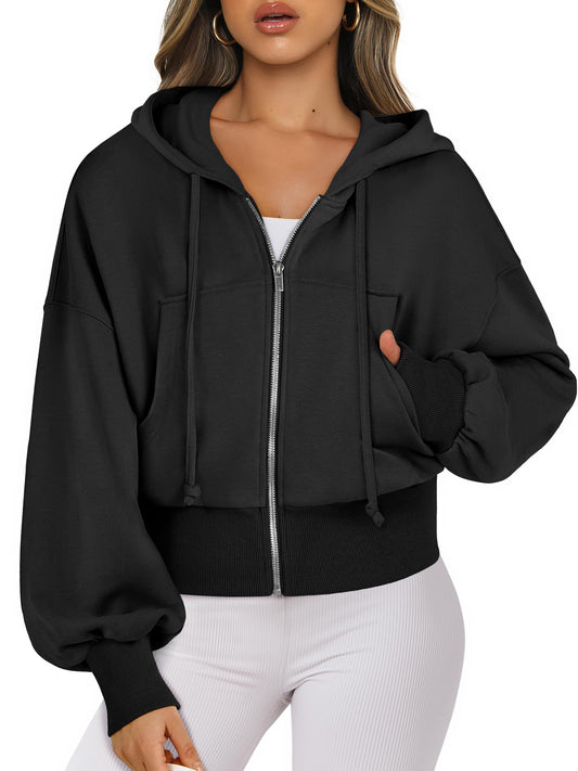 ANRABESS Women's Zip Up Hoodies Cropped Sweatshirts Full Zip Jackets 2024 Casual Fashion Fall Outfits Winter Clothes Black Medium