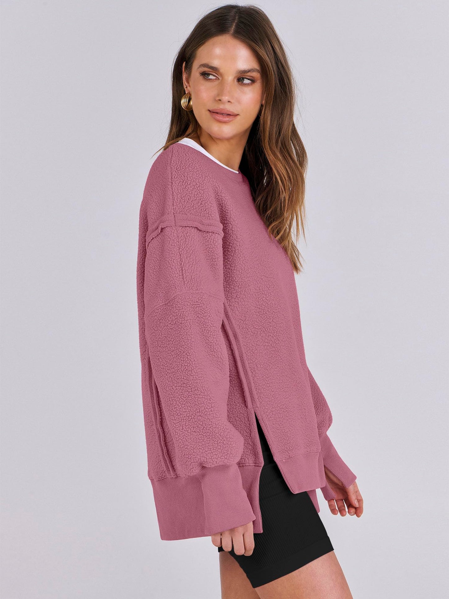 ANRABESS Womens Oversized Sherpa Sweaters Pullover Fuzzy Fleece Sweatshirts Crewneck 2024 Winter Long Sleeve Warm Outfits Pink Small
